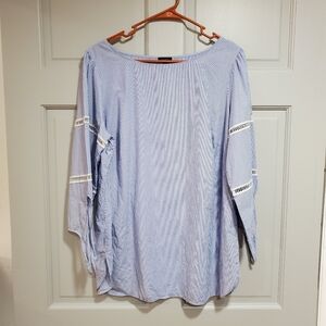 Talbots Blouse Women’s 1X Navy Blue White Stripe‎ 3/4 Tie Long Sleeve V Neck